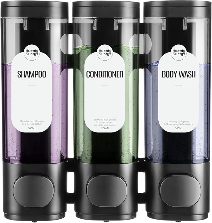 Shampoo and Conditioner Dispenser 3 Chamber No Drill – 300ml Each Container, Wall-Mounted Shower Soap Body Wash Dispenser for Bathroom, Toilet, Hotel & Kitchen (Black)