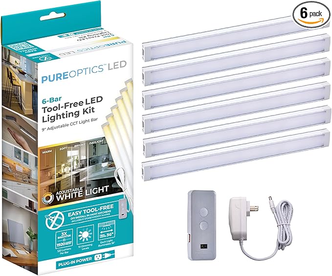PureOptics LED Under Cabinet Lighting Kit, Motion Sensor, Dimmable, Linkable, 3 Color Settings, Tool-Free, for Kitchen, Pantry, Cabinets, Closets, Office (6) 9" Bars