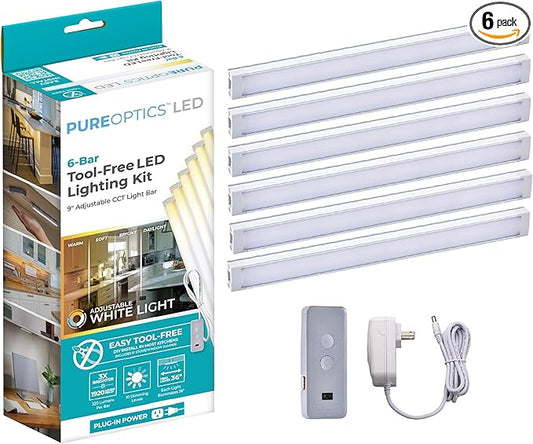 PureOptics LED Under Cabinet Lighting Kit, Motion Sensor, Dimmable, Linkable, 3 Color Settings, Tool-Free, for Kitchen, Pantry, Cabinets, Closets, Office (6) 9" Bars