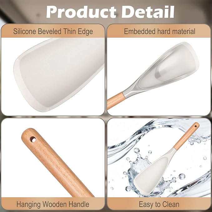 Cooking Spoon Set for Non-Stick Cookware - Wooden Handle & Multifunction Cooking Spoon Spatula, Heat-Resistant Kitchen Utensils for Stirring, Mixing, Serving (1, WHITE)