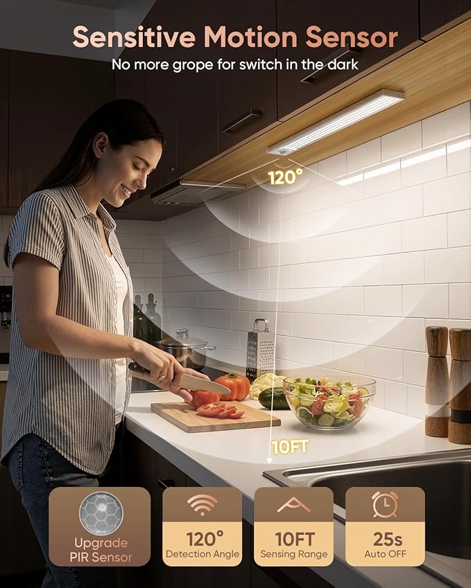 12inch Under Cabinet Lighting Wireless, 152LED Motion Sensor Light Indoor, USB Rechargeable Closet Lights, 3 Color Temps & Dimmable, Stick On Under Counter Lights for Kitchen, Pantry, Stairs, 3 Pack