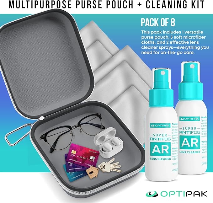 Anti Fog Lens Cleaner Spray Kit | (2x) 1oz Anti Fog Glasses Cleaner Bottles + (1x) Multipurpose Pouch + (5x) Microfiber Cloths for Eyeglasses, Mirror