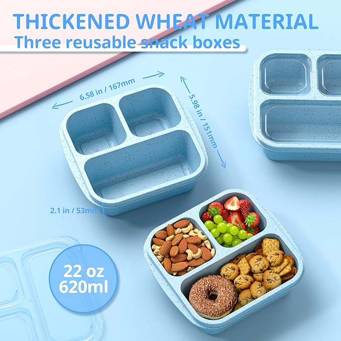 Snack Boxes (3 Pack) - Stackable Bento Boxes with 3 Compartments, Meal Prep Containers Reusable, Lightweight Lunch Containers for Kids and Adults