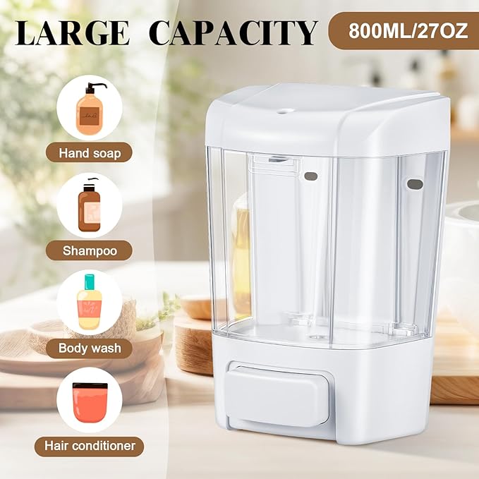 Hushee 2 Pcs Commercial Soap Dispenser Hand Wall Mounted Bathroom 27oz/800ml Manual Soap Dispenser Liquid Containers with Pump White Shower Plastic Wash Wall Containers Shampoo Gel for Kitchen Hotel