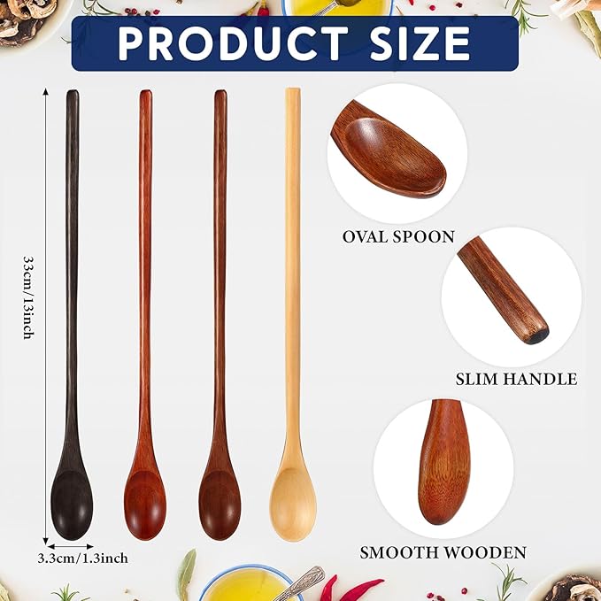 4 Pcs 13 Inch Long Handle Wooden Spoons for Cooking Long Handle Tasting Tea Spoon Wooden Utensils Vintage Stirrer for Kitchen Soup Coffee Cocktail Honey Mixing Stirring, 4 Colors