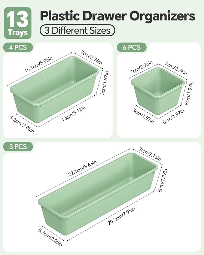 13 Pack Plastic Drawer Organizers Set, Green