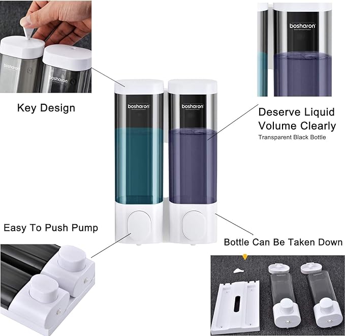 Soap Dispenser Shampoo Shower Dispenser Wall Mount 300mlx2 for Bathroom Hotel (White)