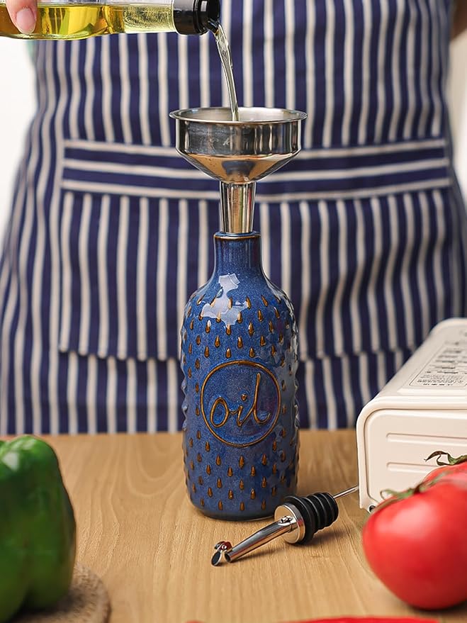 GDCZ Ceramic Olive Oil Dispenser Bottle, 13 Oz Relief Opaque Oil Cruet, Oil Dispenser for Kitchen Counter, for Storage Oil, Vinegar, Soy Sauce, Coffee Syrup, Liquids (Blue)