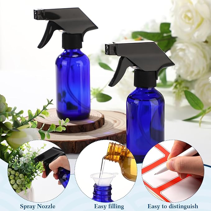 Fumete 2 Pack Glass Bottles 4oz Empty Refillable Liquid Containers with 1 Label 1 Funnel for Essential Oils Hair Travel Plants Cleaning Skin Care (Spray Bottle, Blue, Black Top)