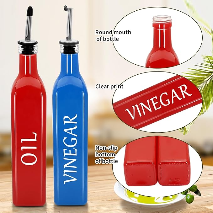 Olive Oil Dispenser Bottle,2 Pcs 17oz 500ml Glass O il and Vinegar Dispenser Set with 2 Stainless Steel Pourers, 8 Labels,Funnel Vinegar Bottles for Kitchen (Red Oil & Blue Vinegar)