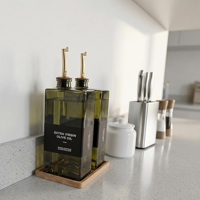 Glass Olive Oil Dispenser Bottle Set of 2 (16.9 oz/500 ml), Green Square Oil & Vinegar Cruet with Drip-Reducing Pour Spouts, Bamboo Tray + Stainless Steel Funnel, 40 Labels for Kitchen Counter