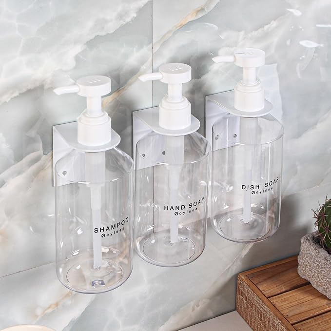 3-Chamber Shampoo & Conditioner Dispenser - Wall-Mounted Soap Dispenser Plastic Bottles with 4CC Pumps, No Drill Installation, Refillable for Bathroom, RV, Commercial Use Clear