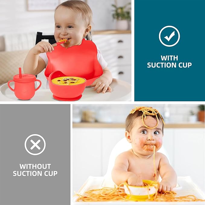 100% Silicone baby feeding set,BPA free Baby dishes set with Suction Bowl Divided Plate,Toddler Self Feeding Dish Set with Spoons Forks Sippy Cup And Bib, Baby Eating Utensils (Scarlet)