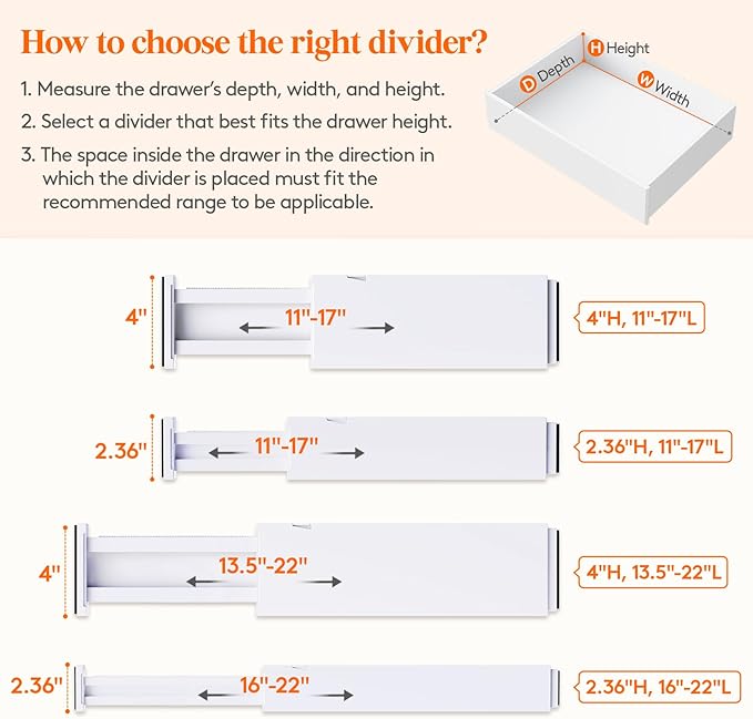 8 Pack 4" High Drawer Dividers 34-56cm/13.5-22" Adjustable Drawer Organizer