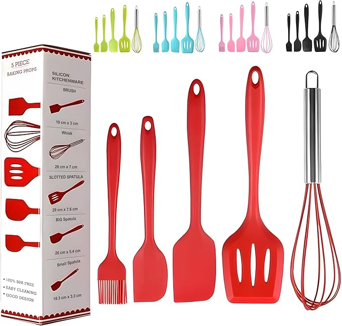 5 Pcs Silicone Spatula Set, Food Grade Rubber Spatula, silicone cooking utensils set, spatulas silicone heat resistant 600°F for Nonstick Cookware, Perfect for Baking and Cooking, Bonus Whisk Included