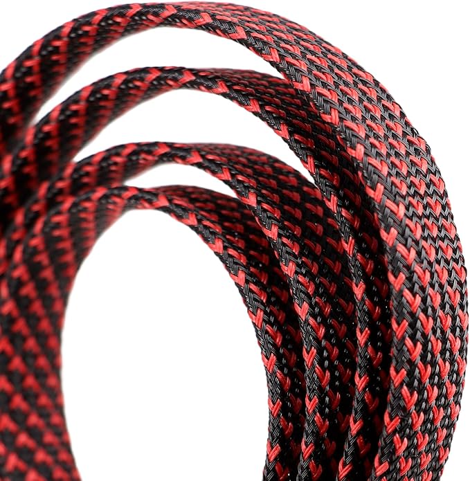 25ft PET Expandable Braided Cable Sleeve 1/2inch(12mm) Pet Braided Cable Sleeve for Audio Video Device Wire Automotive Wire (Black Red)