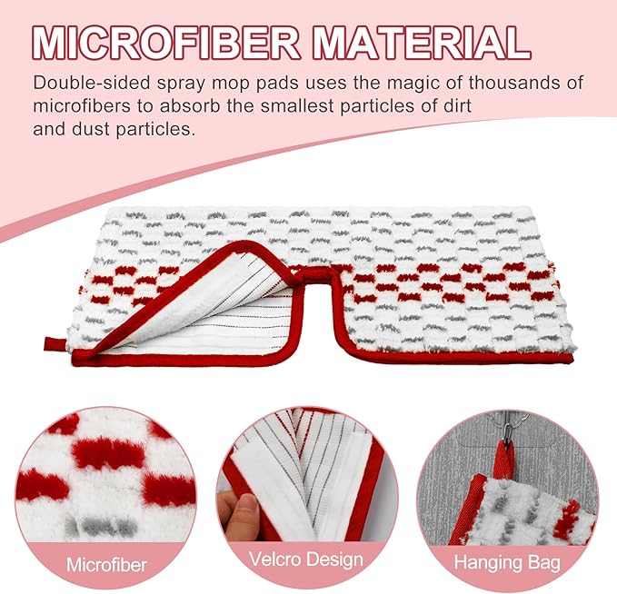 Microfiber Spray Mop Pads - Compatible with Promist MAX, Double Sided Replace Head for Dry/Wet Floor Cleaning Usable (4 Pack Red)