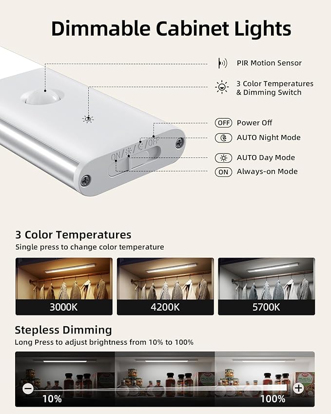 EZVALO Under Cabinet Lighting, 2200mAh Closet Lights with 2 Extra Batteries, 3 Color Temps Motion Sensor Lights Indoor, LED Lights for Closet, Pantry, Kitchen