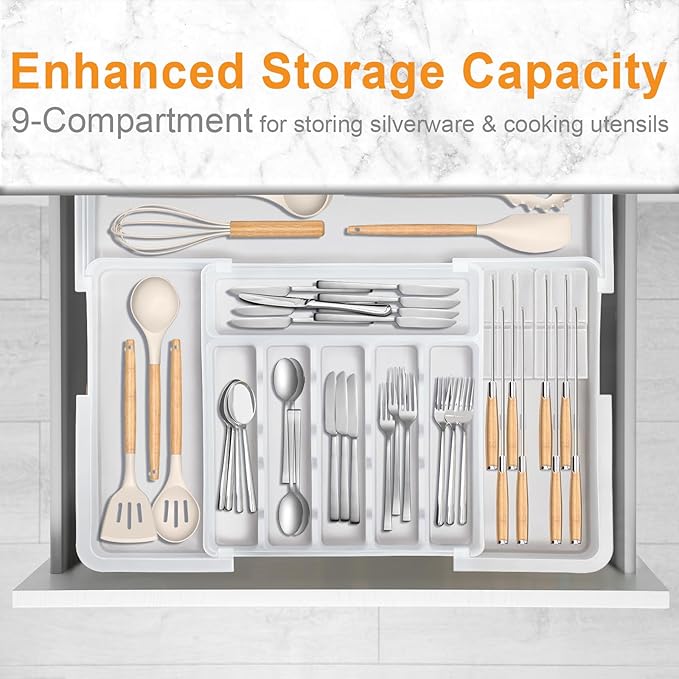 Homecor Silverware Organizer for Kitchen Drawer, Expandable Utensil Drawer Organizer with 2 Knife Block, Flatware and Cutlery Holder, Adjustable Plastic Storage for Spoons Forks Knives