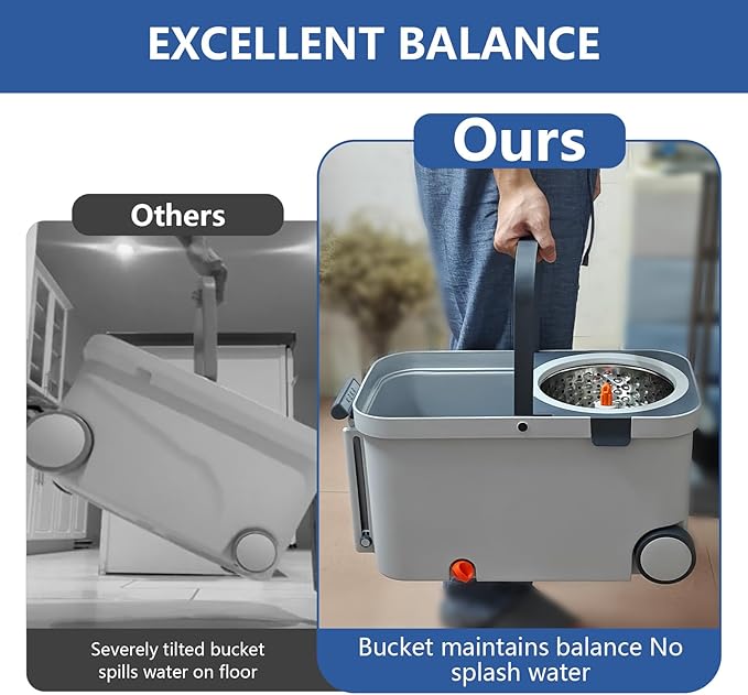 KZKR Spin Mop and Bucket with Wringer Set on Wheels, 180° Spinning Mop Bucket System with 6 Washable Microfiber Replacement Mop Pad Heads Refill, Adjustable Handle for Floor Cleaning Home