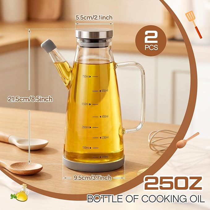 Zhehao 2 Pcs Glass Oil Bottle 25oz/750ml Cooking Oil Dispenser with Stainless Steel lid Drip Free Spout Non Slip Bottom for Kitchen Cooking Barbecue Party