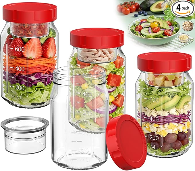 4Pack Glass Salad Jars with Lids, 32oz Salads Mason Jars with Wet/Dry Separation Cup, Meal Prep Salad Containers for Lunch