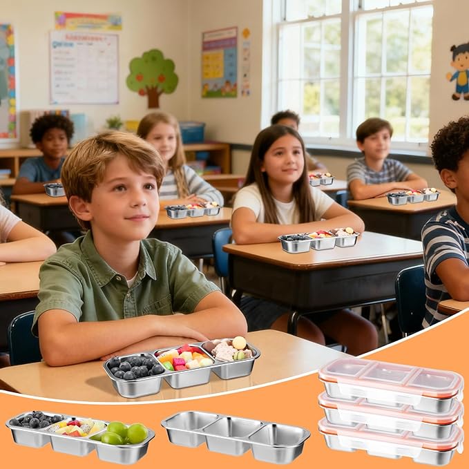 VZZNN 10 Pack Stainless Steel Snack Containers with Lids - 3 Compartments Reusable Metal Bento Boxes Divided Food Storage Containers For School,Office Home And Travel Stackable Lunch Boxes