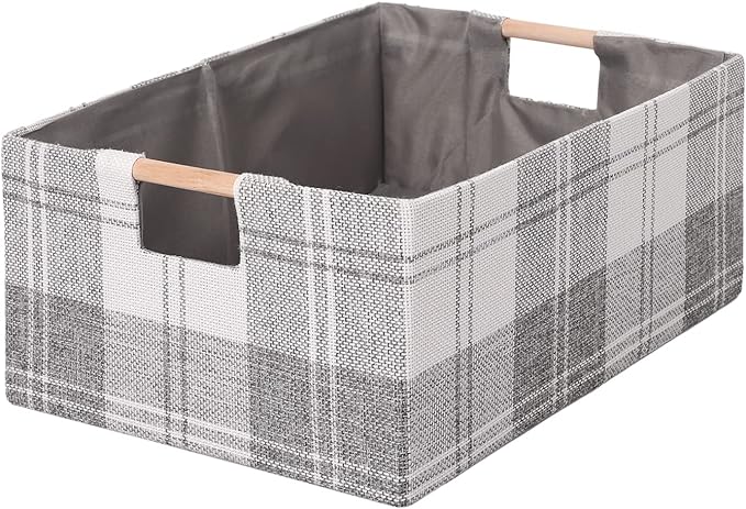 Fabric Storage Bin Box Collapsible Cotton Linen Storage Cube with Wooden Handles Rectangular Decorative Home Organizer Clothes Blanket Basket– Light Gray Plaid, Medium