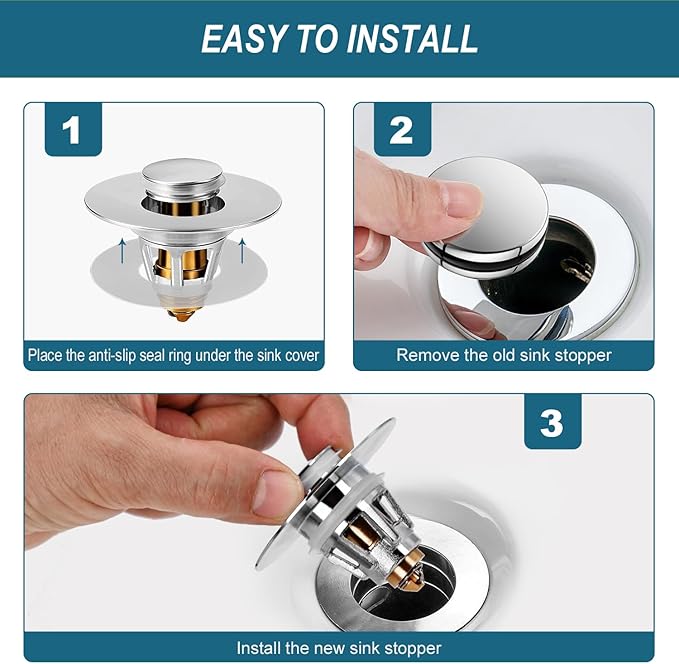 Universal Bathroom Sink Stopper - Upgraded Pop up Drain Strainer with Hair Catcher, Fits 1.1-1.5 Inch U.S. Standard Drain Holes - Anti-Clogging Filter