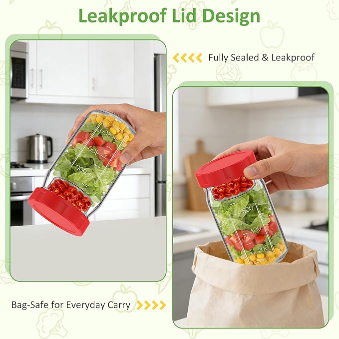 4Pack Glass Salad Jars with Lids, 32oz Salads Mason Jars with Wet/Dry Separation Cup, Meal Prep Salad Containers for Lunch