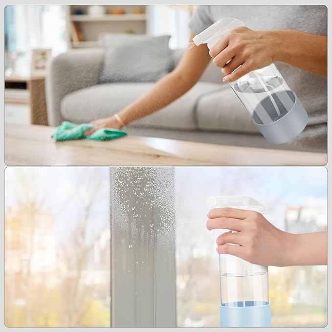 Worldgsb 2 Pack Glass Spray Bottles with Silicone Sleeve, 16 oz Empty Refillable Containers with Adjustable Spray Nozzles, Spray Bottles for Hair, Cleaning Solutions and Plants Blue&Grey