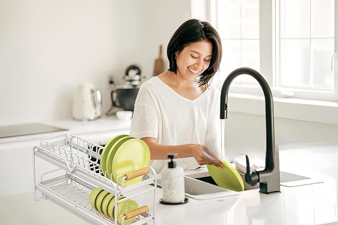 Pull-Out Double/Single Tier Dish Rack for Cupboard, Slide Out Dish Drying Rack for Kitchen Cabinets, Pull Out Drawer for Kitchen Under Sink Organizer (Single Tier Plate Rack)