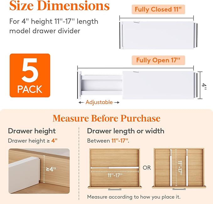 Lifewit 5 Pack 4" High Drawer Dividers 28-43.5cm/11-17" Adjustable Drawer Organizer for Clothes/Utensils