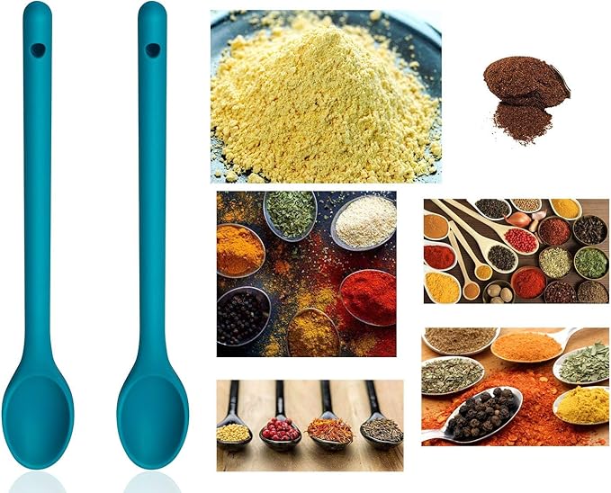 Silicone Stirring Spoons Set of 3, 12 Inch Long Handle, Nonstick Mixing Spoons, BPA Free, Nontoxic & Heat Resistant to 480F (2 in Greenish Blue)