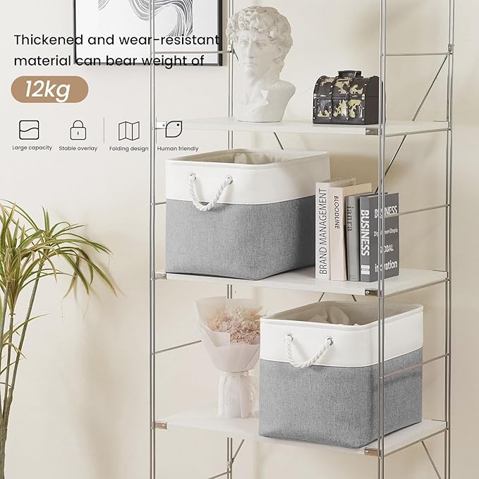 Large Storage Baskets- 16x12x12 inch Storage Bins for Shelves and Closet Organizing, Foldable Fabric Bin for Home Organization Clothes and Laundry (1-Pack, White&Gray)
