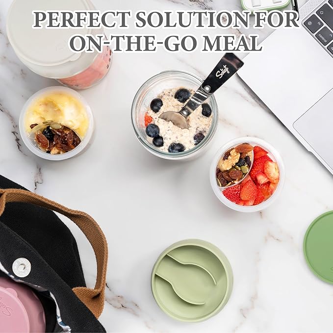 SOLIGT 2 Pack Overnight Oats Containers with Lids, Folding Spoons and Divided Compartments for Fruit & Nuts