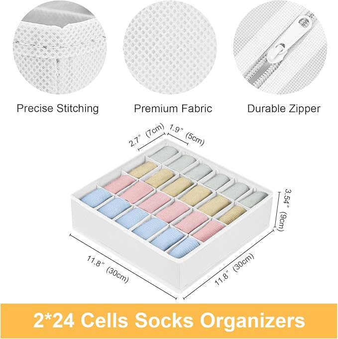 Joyoldelf Sock Organizer Drawer Organizer - 2 Packs Underwear Organizer, 48 Cells Collapsible Closet Organizers and Storage Sock Holders Organizers for Storing Socks, Ties, Belts(White)
