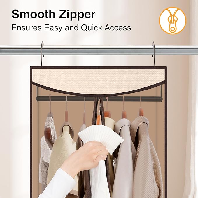 STO STO 2 Pack Garment Bag for Hanging Clothes Closet, Hanging Garment Cover with Built-in Steel Hanging Rod, Hanging Wardrobe Storage Bag for Suit, Dress with Clear Window, Zipper, ID Card, Beige