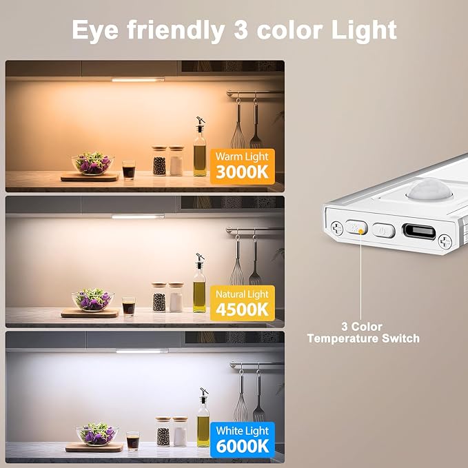 Onforu 13.8" Under Cabinet Lighting, 2700mAh USB-C Rechargeable, Motion Sensor Under Cabinet Lights with 3 Color & Dimmable, Magnetic Under Counter Lights for Kitchen, Closet, 2 Pack