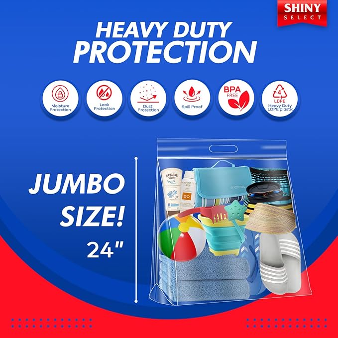 10 Gallon Jumbo Storage Bag With Handle & Resealable Zipper Top Huge Size 24" x 24",12 Clear Big Plastic Bags Extra Large XL, 4 Mil Thick Heavy Duty for Linen, Baby, Sports