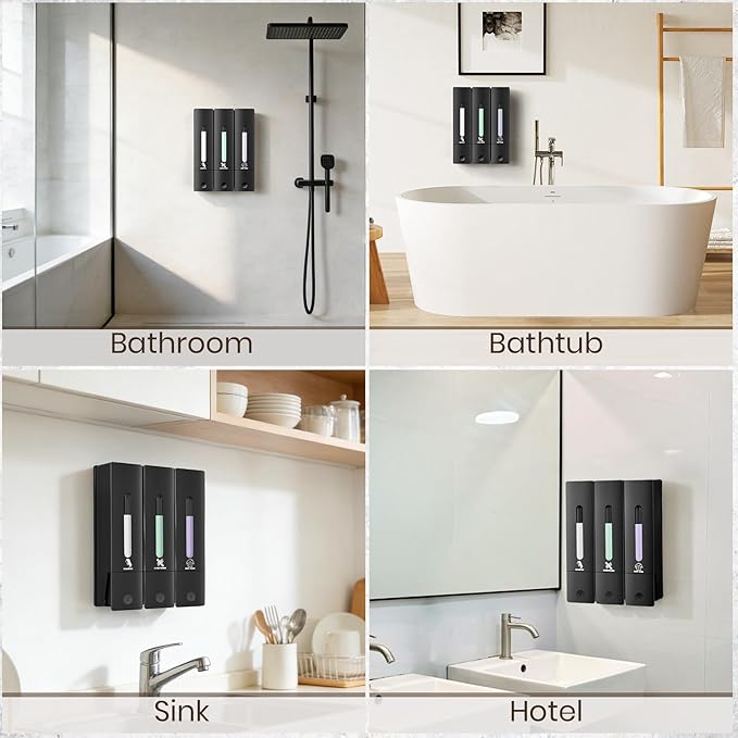 3 Chamber Shampoo and Conditioner Dispenser, No Drill - Wall Mounted Shower Soap Dispenser, Refillable Body Wash Dispenser Set 3, 1200ML Large Capacity, for Bathroom & Hotel, Black