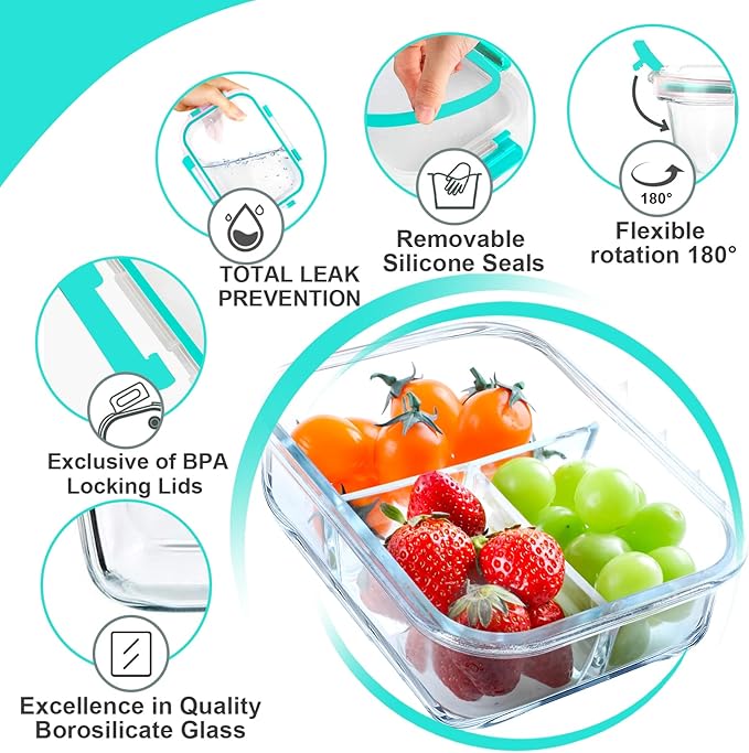 VERONES 5 Pack Glass Meal Prep Containers 3 Compartment Set, 36OZ Airtight Glass Lunch Containers, Glass Food Storage Containers with Lids