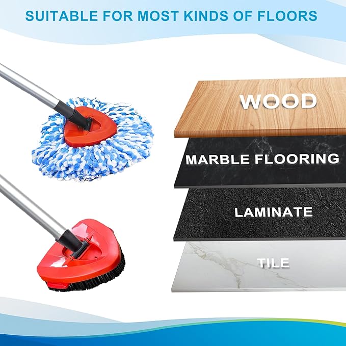 O-Cedar Spin Mop Head, Base, Handle Replacement for RinseClean 2 Tank System, 4 Microfiber Mop Refills,1 Scrub Brush,1 Base and 30-58in Handle Set Combo, Blue, for Wood, Tile, Laminate, Marble