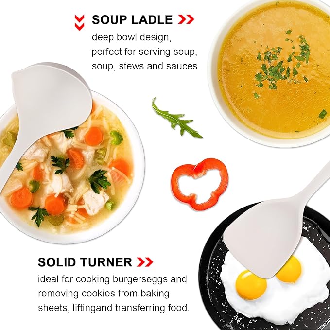 Silicone Cooking Utensils Set 5 Pcs Large Non-Stick Kitchen Utensils Set, Wooden Handle Heat Resistance Turner Soup Ladle Spoon Silicone Cooking Kitchen Gadgets BPA Free for Nonstick Cookware