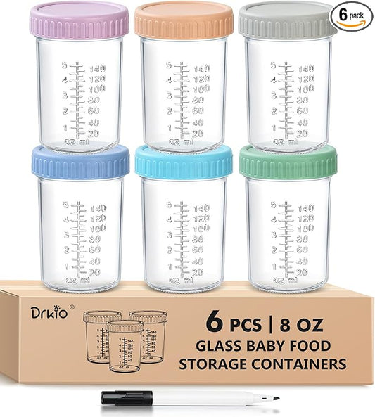 DRKIO 6 Baby Food Jars - 8oz (6 Pack) - Storage, Freezer, Microwave Safe