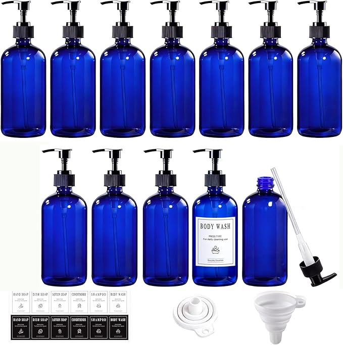TBWIND 12 Pack 8oz Blue Glass Soap Dispenser Bottles with Pumps, Refillable Glass Bottles for Shampoo, Conditioner & Lotion, Ideal for Bathroom, Kitchen, Waterproof Labels & Funnels Included