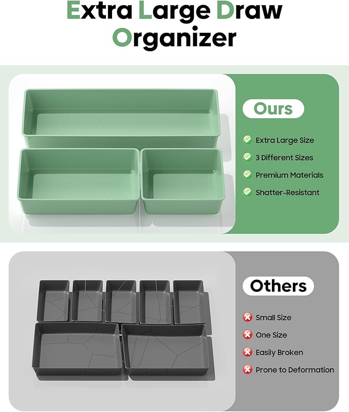 10 Pack Large Size Plastic Drawer Organizers Set, Green