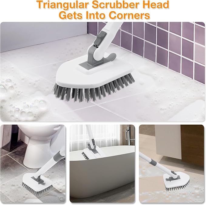 4 in 1 Shower Scrubber Cleaning Brush, Tub and Tile Scrubber with Long Handle, Grout Brush Stiff Bristles Scrub Sponge Brushes Microfiber Pad, for Toilet Bathroom Kitchen Wall Floor Glass Bathtub Sink