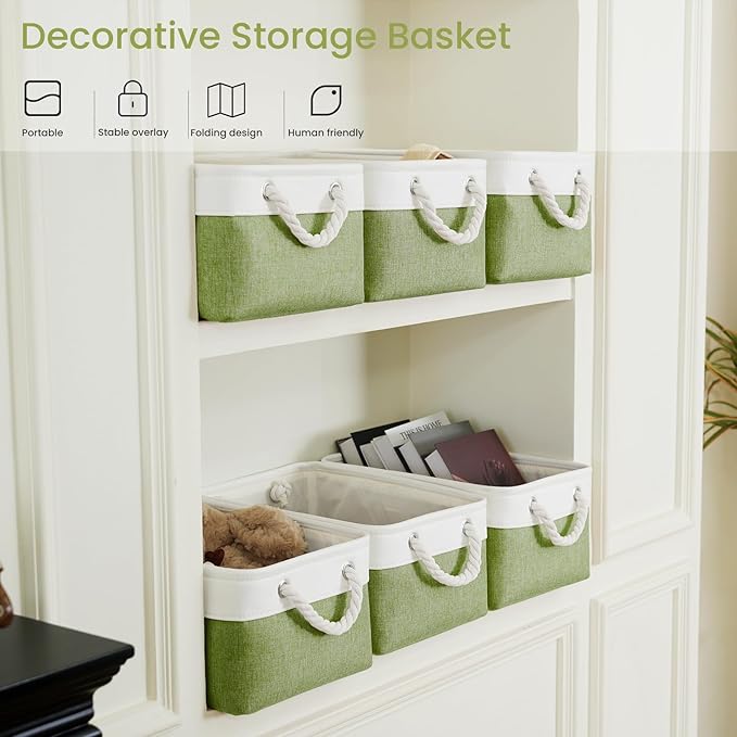 Storage Baskets for Shelves 13.8x9.8x6.7 Inch, Foldable Fabric Storage Bins with Handles, Small Storage Baskets for Organizing Closet, Office, Home Organization (3-Pack, White&Green)