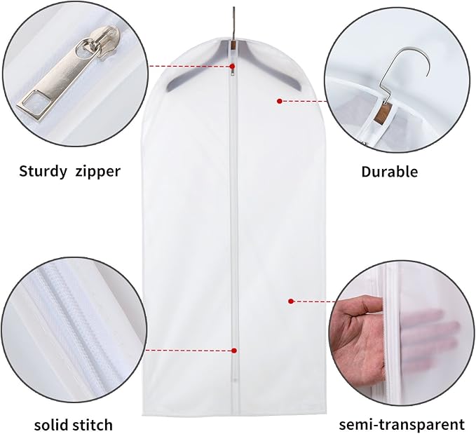MsKitchen Garment Bags 12 Pack, 24 x 40 Hanging Clothes Storage Bags, Translucent PEVA Garment Covers with Full Zipper for Suits and Dresses